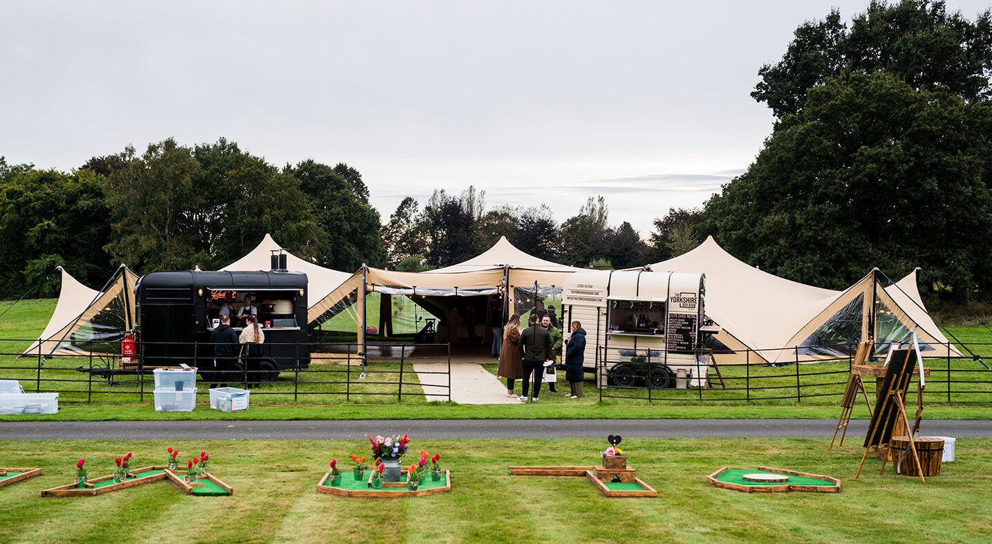 Stretch tent with windows, garden games, street food and horse box bar | Stretch Tent by Countryside Events | Photo by Kirsty Mattsson Photography | Venue ~ Allerton Castle North Yorkshire