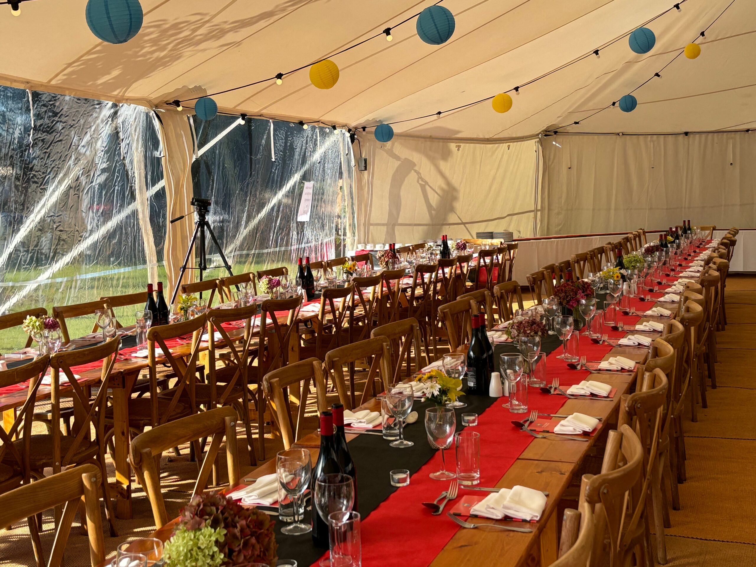 'Rosebury' 12x21m White Stretch Marquee with open side - Reunion dinner with long tables (3)